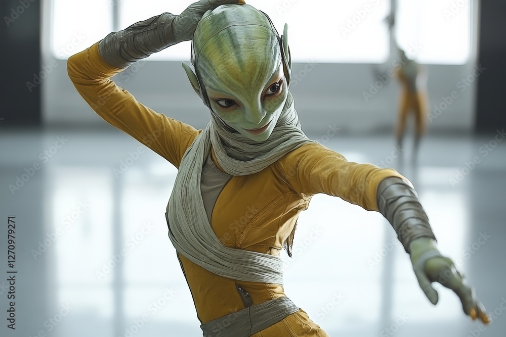 Poster alien dancer performing an intricate routine in a modern studio during a bright afternoon light