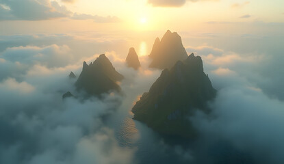 Misty Aerial View of Remote Islands: An ethereal aerial shot of remote islands emerging through misty clouds, surrounded by endless ocean, bathed in the golden glow of sunrise.