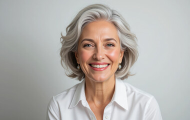 Fototapeta premium Portrait of Smiling Senior Woman, Beautiful 50s Model with Healthy Skin and Grey Hair.