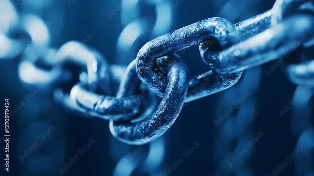Poster close up of heavy metallic chain links on a dark background symbolizing strength and security : gene