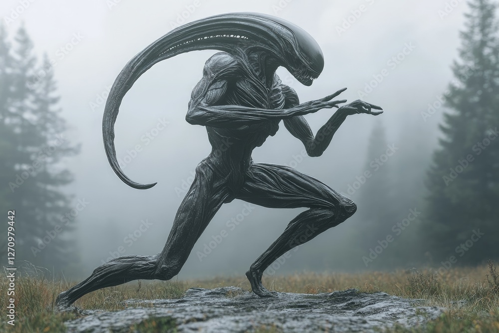 Poster intricate alien creature sprinting through a foggy forest with towering trees in the background