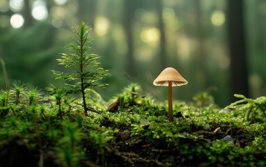 Fototapeta premium Tiny mushroom growing on moss-covered ground