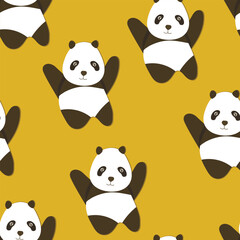 Naklejka premium Seamless pattern with cute panda baby on color background. Funny asian animals. Card, postcards for kids. Flat vector illustration for fabric, textile, wallpaper, poster, gift wrapping paper.