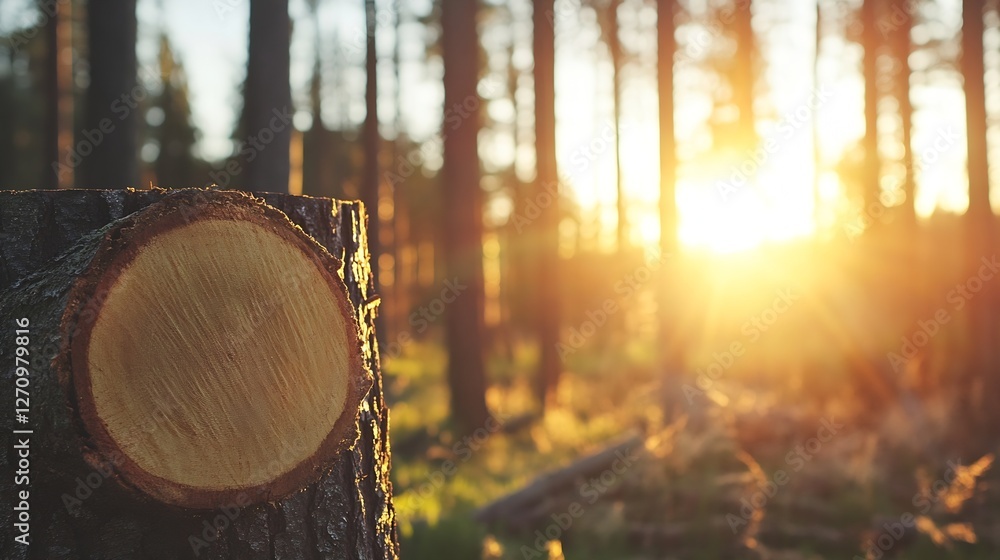 Poster stump of tree in a vibrant forest illuminated by the warm glow of the setting sun : generative ai
