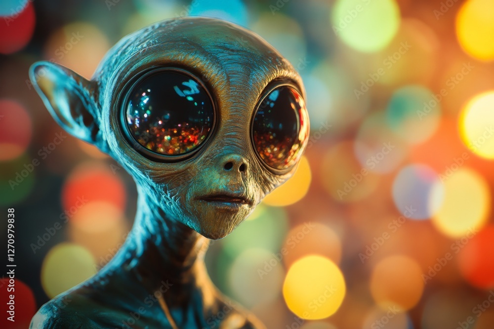 Poster alien figure with large expressive eyes positioned against a colorful bokeh background during a nigh