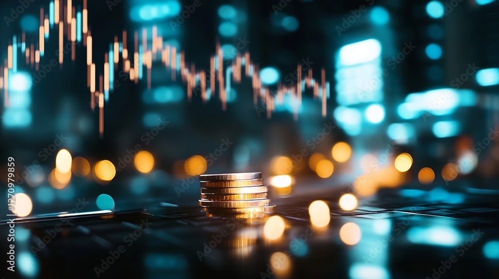 Poster dynamic stock market trading scene with coins and graphical charts in a modern setup : generative ai