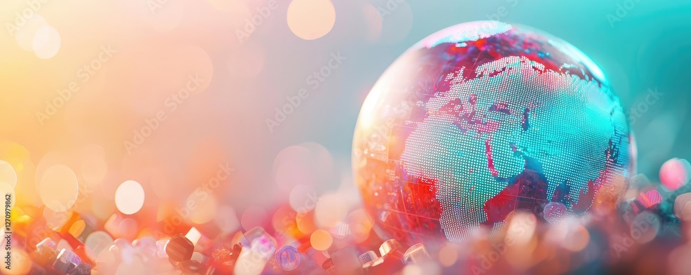 Poster plastic pollution concept. vibrant globe reflecting light, symbolizing global connection and environ