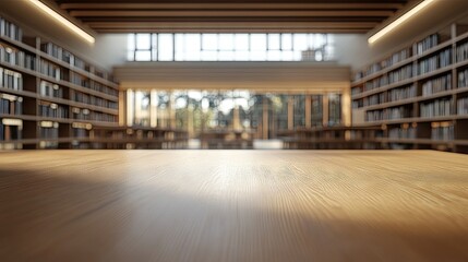 A wooden tabletop with warm tones, set against the blurred backdrop of a modern library's reading area.