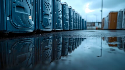 Obraz premium Area Services Sanitary, Reflective Portable Toilets in Urban Puddle Mirroring Abstract Composition