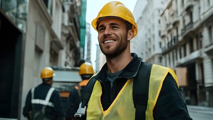 A smiling construction worker wearing a yellow hard hat and safety vest, with other workers in the background on a city street. Concept Construction Safety, Urban Workforce, Team Collaboration