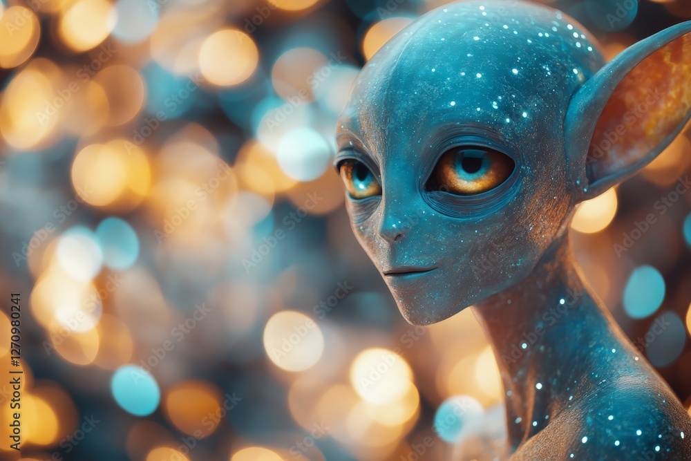 Poster unique extraterrestrial being with large eyes surrounded by shimmering bokeh lights in a cosmic sett