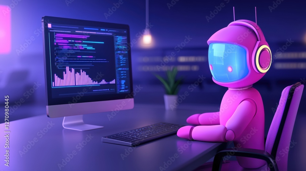 Poster a futuristic pink robot sits at a computer, analyzing code amidst a vibrant digital environment, sym