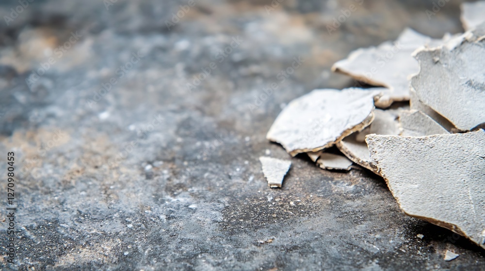 Poster closeup of cracked and peeling paint flakes on rough gray concrete surface displaying texture and de