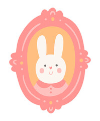Cute bunny portrait in pink frame. Cartoon rabbit. Children illustration in flat style.