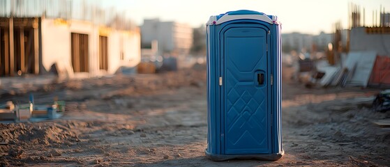 Area Services Sanitary, Lone Blue Portable Toilet Standing on Dusty Construction Site with Copy Space