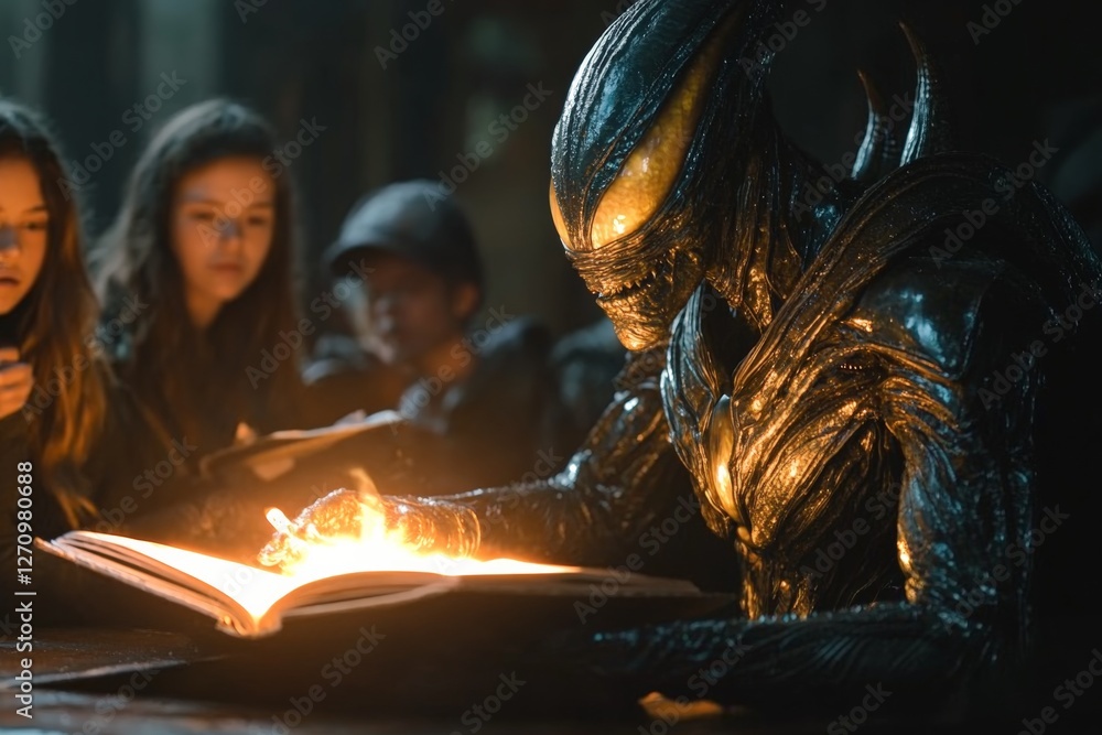 Poster mysterious creature studies ancient book while children observe in awe at a dark setting