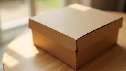 A Beige Cardboard Box on a Wooden Table in Sunlight