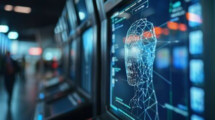 Displays with digital human faces showcase AI technology, attracting attention with their detailed graphics and modern design.