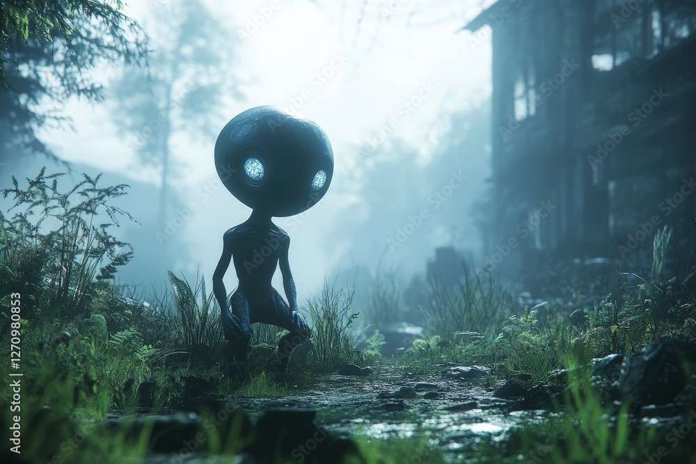 Poster strange creature exploring a misty forest near an abandoned building during twilight