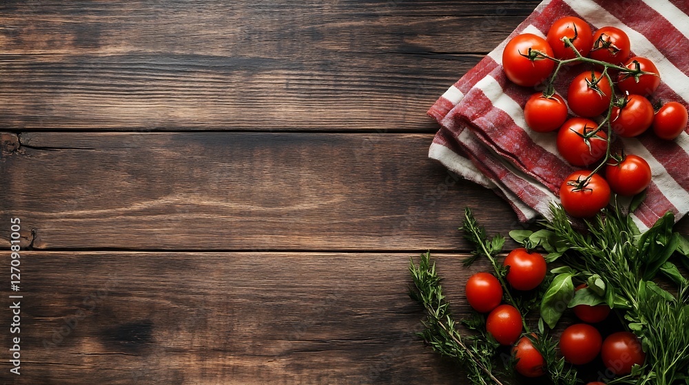 Poster fresh tomatoes and herbs arranged on a rustic wooden table creating a vibrant display of natural pro