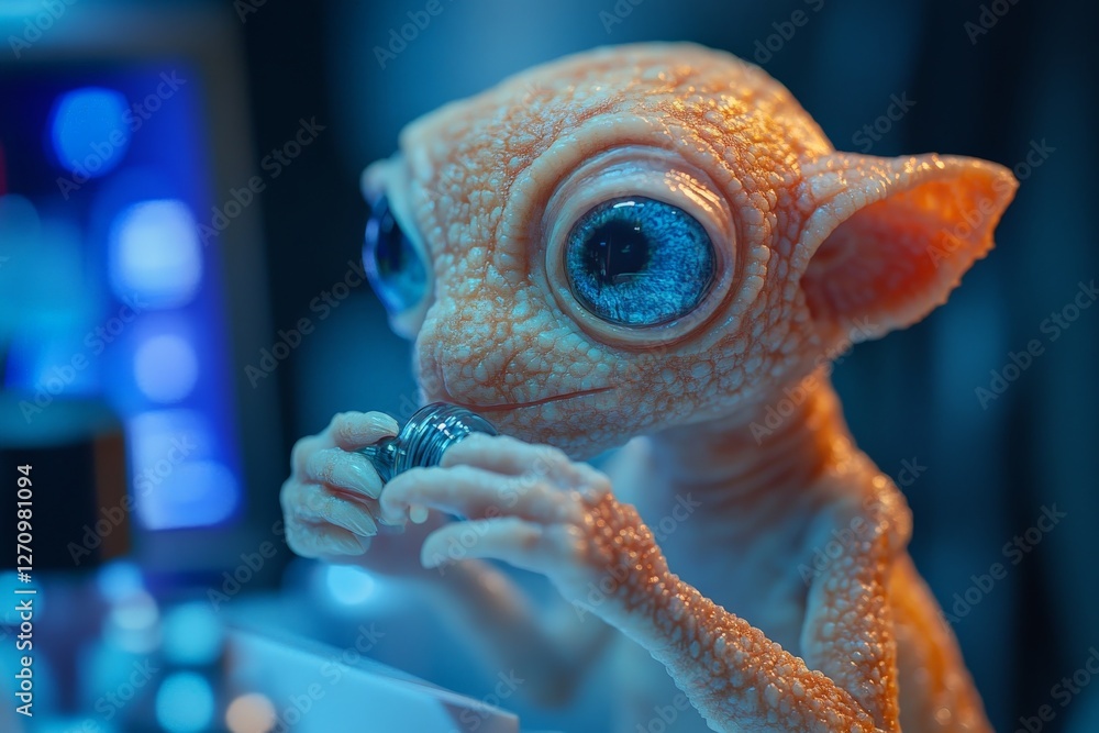 Poster curious alien creature examining a small object in a futuristic, high-tech environment