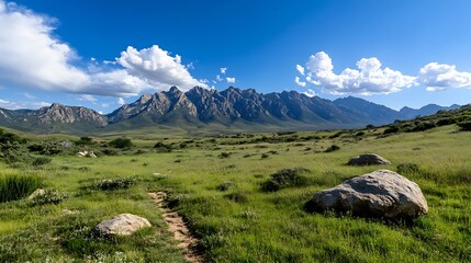 Fototapeta premium Stunning panoramic view of majestic mountains under a bright blue sky with fluffy clouds highlighting natural beauty : Generative AI