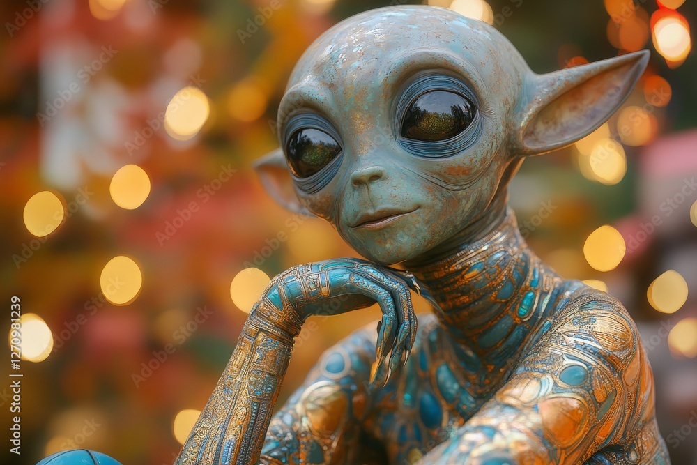 Poster unique alien figure relaxing with thoughtful expression against a backdrop of shimmering lights