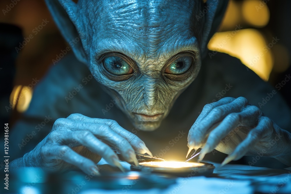 Aufkleber alien creature intently observes glowing object in a dimly lit workshop filled with strange tools an