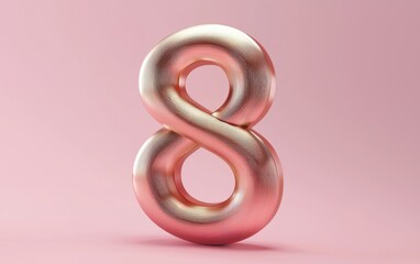 Brushed metallic number 8 with a rose gold effect on a pastel pink background for 8 March International Womens Day