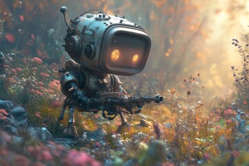Robot explorer in a vibrant forest setting with flowers and glowing lights during early morning hours