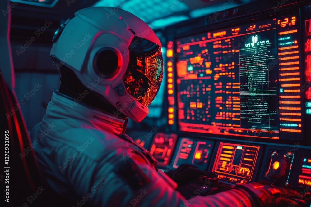 Poster astronaut engaged with high-tech control panel in a futuristic space environment