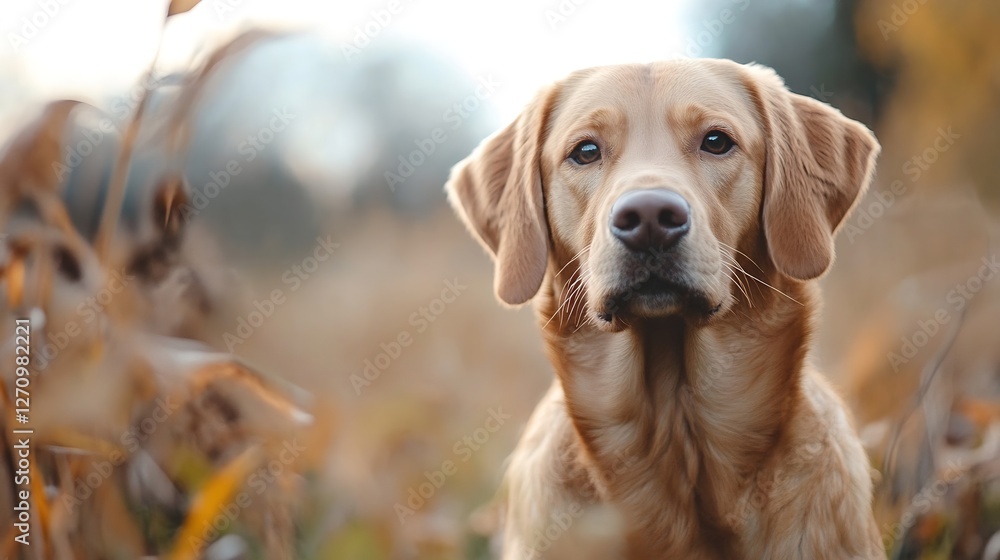 Poster Beautiful golden retriever sitting gracefully in a field during a serene sunset with blurred nature background : Generative AI