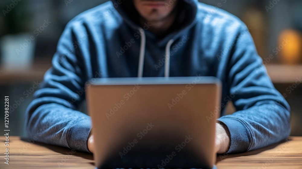 Poster focused young man in hoodie typing on a laptop sitting at a wooden table in a cozy and intimate sett