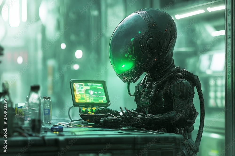 Poster futuristic alien creature working on advanced technology in a high-tech laboratory setting
