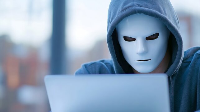 Anonymous hacker wearing a mask sitting with a laptop in an urban setting focused on cyber security activity : Generative AI