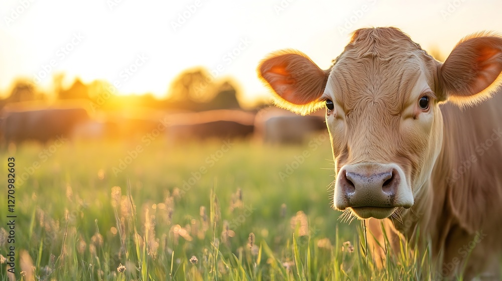 Poster charming closeup of a curious brown cow in a sunlit field with a backdrop of grazing cattle during s
