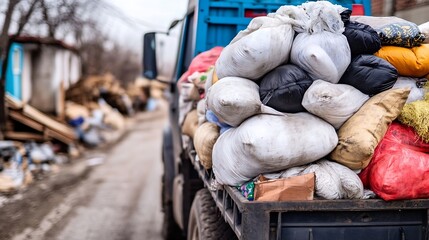 Truck overloaded with bags of waste on a narrow street reflecting environmental challenges we face today : Generative AI