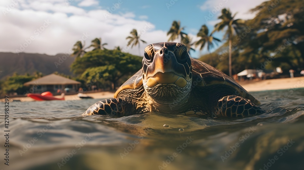 Poster a tranquil scene of a sea turtle gracefully floating alongside a paddleboarder in the calm azure wat