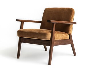 Mid-century wooden armchair with a rich walnut tone, set against a white neutral background