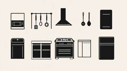 Kitchen appliances icons; design elements; minimalist style; white background; website use