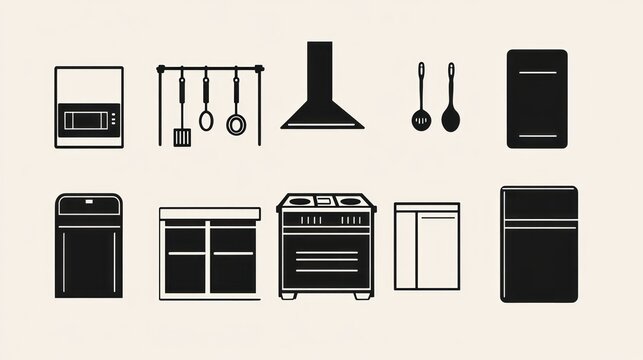 Kitchen appliances icons; design elements; minimalist style; white background; website use