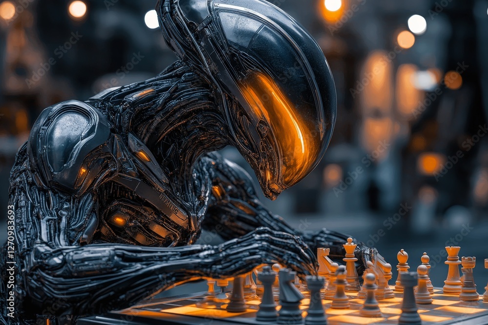 Poster robot engages in intense chess match in futuristic setting with glowing lights