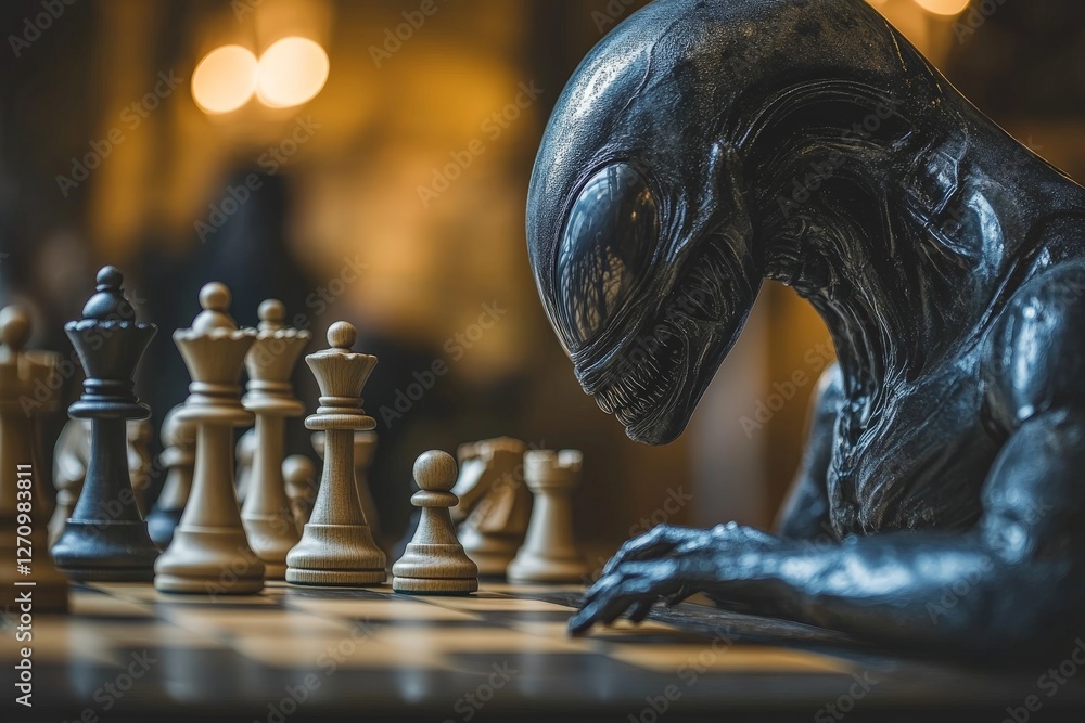 Poster unique chess match between an alien creature and classic chess pieces in a dimly lit setting