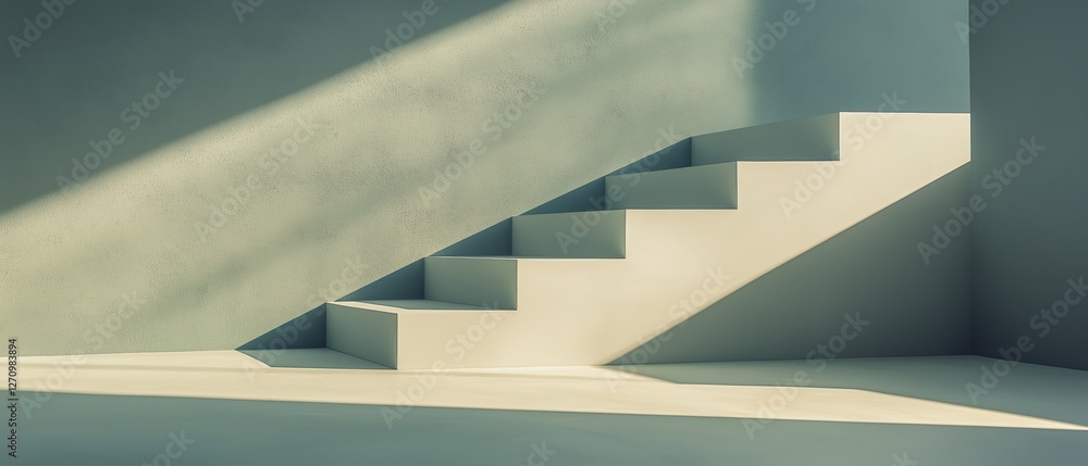 Poster 3d rendering of a staircase in a room with a light blue wall. the staircase is made up of three step