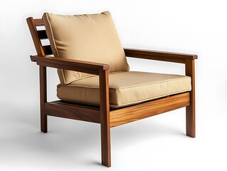 Mid-century wooden armchair with a rich walnut tone, set against a white neutral background
