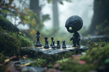 Creative figure playing chess in a misty forest setting surrounded by lush greenery