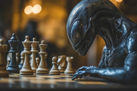 Unique chess match between an alien creature and classic chess pieces in a dimly lit setting