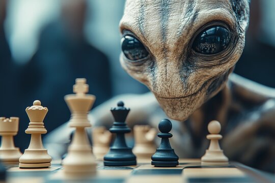 Alien playing chess in a crowded room with intense focus on the game strategy and intricacies of the board