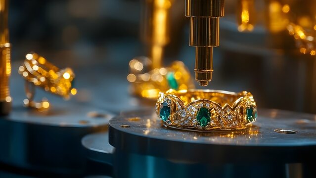 A close-up of a gold ring with green gemstones and diamonds being crafted in a jewelry manufacturing process. Concept Gold Ring Crafting, Green Gemstones, Diamond Inlay