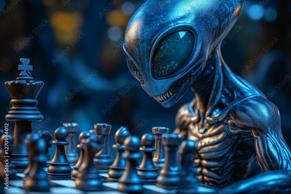 Poster alien chess player strategizes under dim lighting in an otherworldly setting